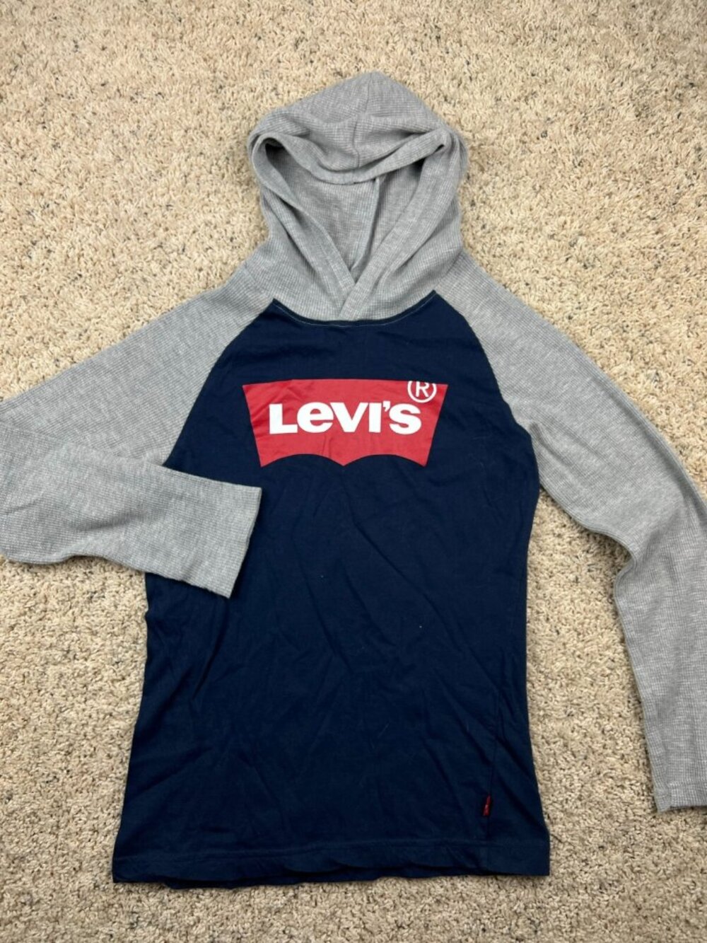 Levi’s Boys Hoodie SZ Medium Thermal Long Sleeve Blue Gray w Logo Pullover